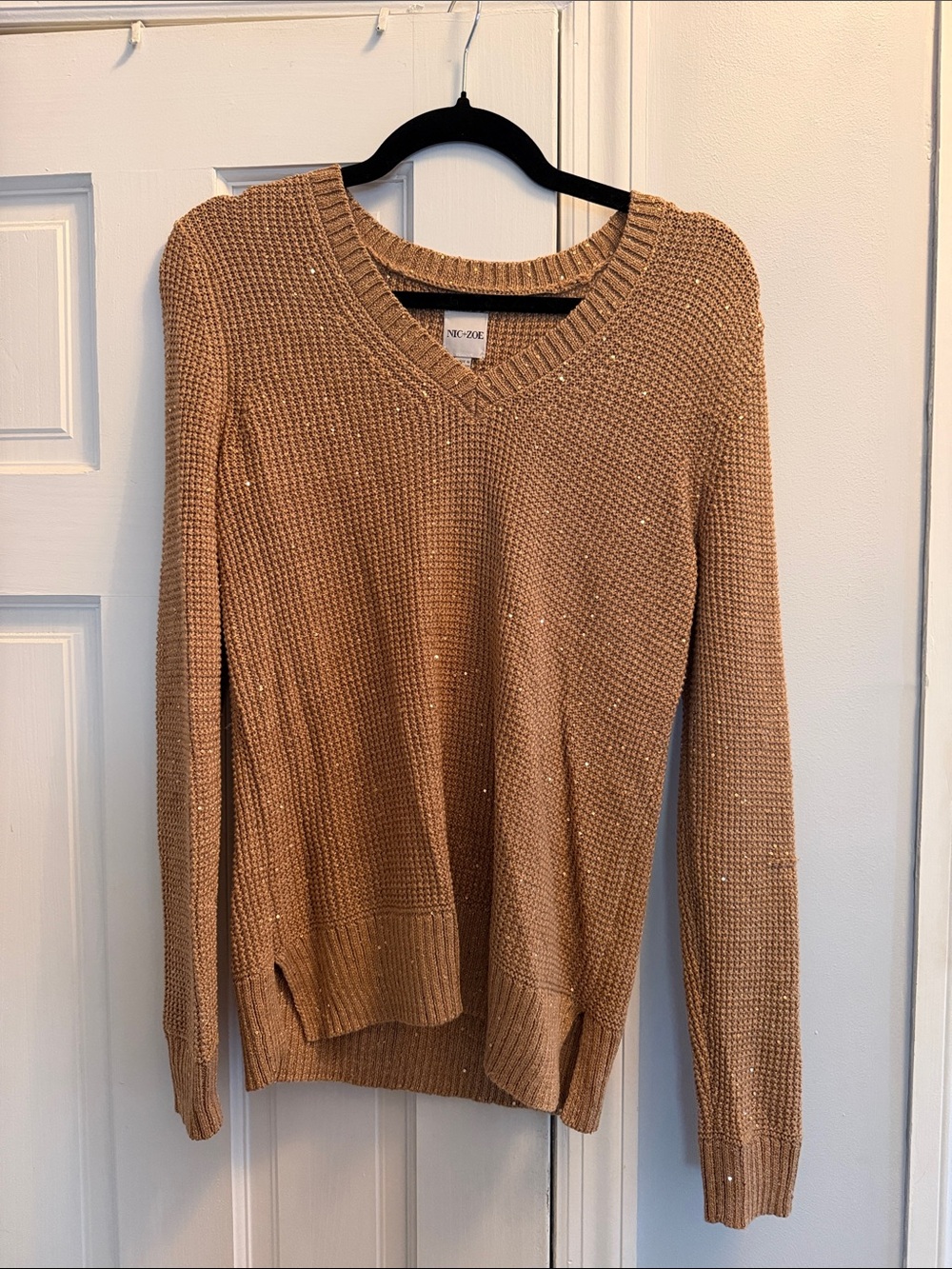 NIC+ZOE Shimmer Waffle V-Neck Sweater